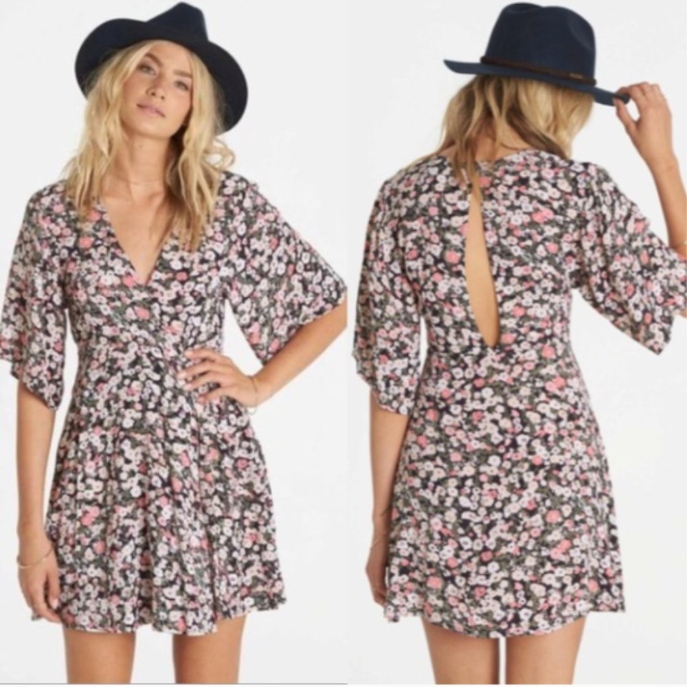 BILLABONG Dolly Floral Faux Wrap Pink Black Keyhole Back Dress Mini size XS